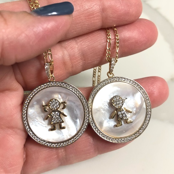 18k Gold Filled CZ Girl & Boy Necklace - Picture 1 of 9